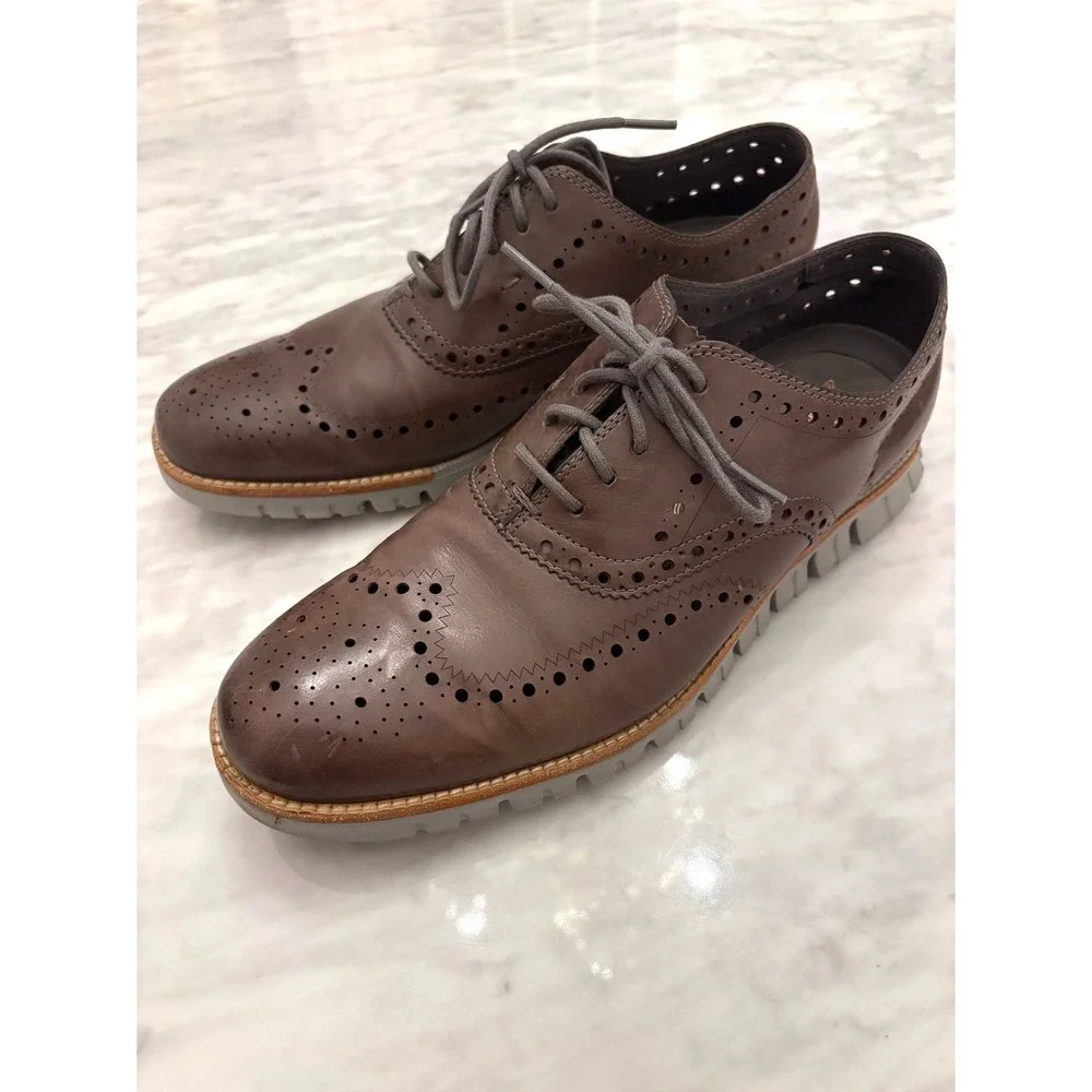 Cole Haan Zerogrand Wingtip Oxfords Brown Leather Brogue Gray Sole Men 9.5M Shoe